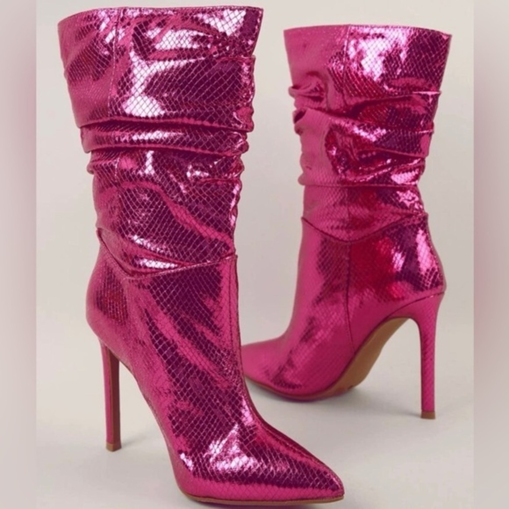 Pink - Metallic Hot Pink Ruched Boots
